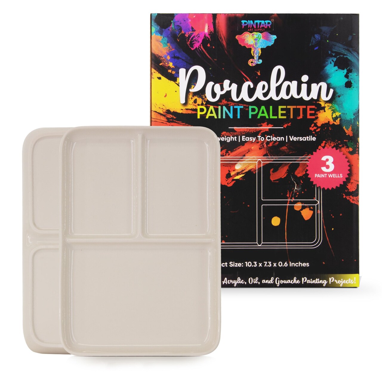 Pintar Ceramic Watercolor Paint Palette Tray - 3 Well Ceramic Palette | “10 x 7" Paint Pallet | Durable Watercolor Palette Tray for Acrylic, Gouache & All Water-Based Paints
